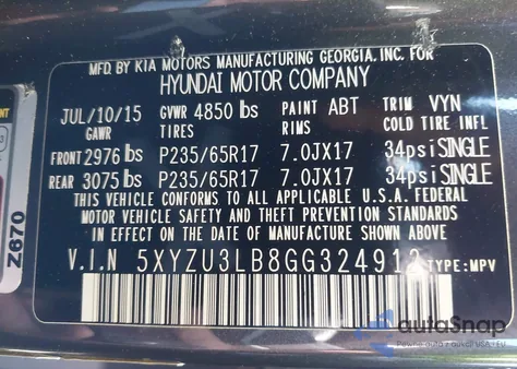 2016 Hyundai Santa Fe Sport 2.4L from USA, damaged, VIN 5XYZU3LB8GG324912